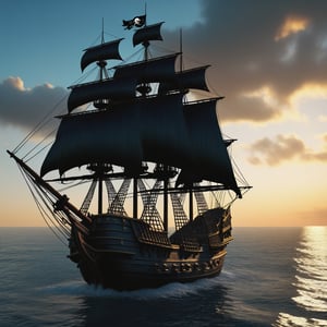 ((Pirate ship "Black Pearl")) from "Pirates of the Caribbean", standing near the shore, in the style of Claude Lorrain, trending on artstation, hyper realistic, extreme detail, cinematic, epic Lighting, award winning concept art, rendered in Octane, 32K, ,Extremely Realistic,Illustration