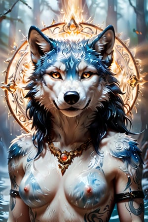 In this breathtakingly detailed piece, a tattooed girl stands at the center, bathed in an ethereal aura that seems to emanate from her very pores. Framing her is the majestic visage of a wolf, its blue fur glistening like polished steel or oil-slicked water. The eyes of the wolf burn with an inner light, radiating magical power and intensity. The artist's skillful brushstrokes evoke a three-dimensional quality, as if the wolf's fur might ripple in the air if disturbed. The tattooed girl appears serene amidst this mystical backdrop, her features illuminated by the soft glow that surrounds her like a halo.