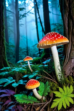 Luminescent mushrooms illuminate a mystical forest floor, casting an ethereal glow on the surrounding flora and fauna. The intricate patterns and vivid colors of high fashion garments create a mesmerizing tapestry of opulence and elegance, each detail carefully designed to captivate the beholder. Whether it's the iridescent sheen of fabric or the precision of embellishments, every element exudes a stunning level of intricacy and craftsmanship., illustration, fashion, conceptual art, wildlife photography