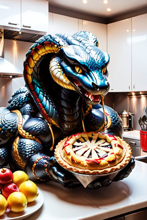 Pie in the form of a big and bad cobra, Cobra has opened its hood, kitchen art, ultra quality, ultra details