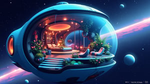 An illustration of a spherical hotel in orbit called "Cosmic Retreat." The hotel has transparent walls that showcase the starry sky. Inside the hotel, there are anti-gravity beds floating in serene cabins. There is a lush zero-gravity garden with bioluminescent plants. There are flowing display screens mapping the cosmos. There are panoramic observation decks for meteor showers. There is a unique "space menu" in a futuristic cafe. The hotel uses eco-friendly technology to recycle water and air. There are immersive virtual tours to distant planets.,vibrant painting,noc-isometric