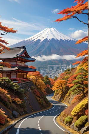 diorama, landscape, environment, Road to the top of Mount Fuji, autumn, trending on artstation, sharp focus, studio photo, intricate details, highly detailed, by Hokusai style, vivid colors, 