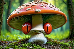 masterpiece, best quality, anthropomorphic fly agaric interior style, grandfather mushroom with a hat like fly agaric, decrepit face, big red eyes, green hair, graceful drawing of details, beautiful, aesthetics, fantasy style