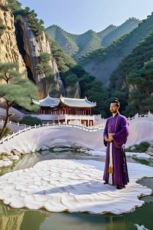 Gilding, a man in hanfu is standing near a white manmade structure perspective, oriental zen, in the style of fluid landscapes, Song Dynasty fine brushwork landscape painting, rendered in Cinema4D, organic flowing forms, northern China’s terrain, light purple and white, Mediterranean landscapes, ultra-wide angle, wavy resin sheets


