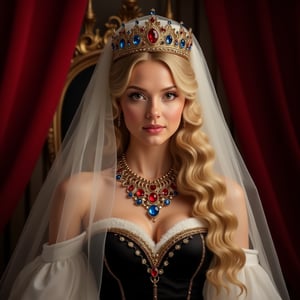 a fantasy princess surrounded by an atmosphere of luxury and magic. She wears an ornate crown adorned with blue and red gemstones that sparkle in the light. A white veil falls gently over her long, wavy blonde hair, adding mystery and sophistication to her look.

Around the princess's neck is a magnificent necklace with red stones set in gold, which emphasizes her royal status. Her outfit features a black corset with gold trim along the top edge that elegantly accentuates her figure.

A piece of red curtain or fabric can be seen in the background, creating the feeling of a rich interior, perhaps a throne room or royal chambers. The whole image of the princess radiates grandeur and grace, as if she had stepped out of the pages of a fairy tale. Photorealism, professional shot, ISO-250,art_solyanka,pavsok Style