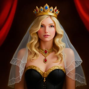 a fantasy princess surrounded by an atmosphere of luxury and magic. She wears an ornate crown adorned with blue and red gemstones that sparkle in the light. A white veil falls gently over her long, wavy blonde hair, adding mystery and sophistication to her look.

Around the princess's neck is a magnificent necklace with red stones set in gold, which emphasizes her royal status. Her outfit features a black corset with gold trim along the top edge that elegantly accentuates her figure.

A piece of red curtain or fabric can be seen in the background, creating the feeling of a rich interior, perhaps a throne room or royal chambers. The whole image of the princess radiates grandeur and grace, as if she had stepped out of the pages of a fairy tale.