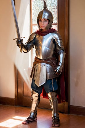 A young boy, clad in full armor, stands proudly indoors, his gaze fixed on a gleaming sword laid across the edge of his bed. Sunlight streams through a window, casting a warm glow and highlighting the intricate details of his helmet and gauntlets. A polearm leans against the wall, while a shield rests at his feet. Light rays dance across the room, illuminating the boy's determined expression as he readies for battle.