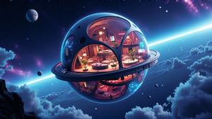 An illustration of a spherical hotel in orbit called "Cosmic Retreat." The hotel has transparent walls that showcase the starry sky. Inside the hotel, there are anti-gravity beds floating in serene cabins. There is a lush zero-gravity garden with bioluminescent plants. There are flowing display screens mapping the cosmos. There are panoramic observation decks for meteor showers. There is a unique "space menu" in a futuristic cafe. The hotel uses eco-friendly technology to recycle water and air. There are immersive virtual tours to distant planets.,vibrant painting,noc-isometric