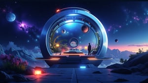 An illustration of a spherical hotel in orbit called "Cosmic Retreat." The hotel has transparent walls that showcase the starry sky. Inside the hotel, there are anti-gravity beds floating in serene cabins. There is a lush zero-gravity garden with bioluminescent plants. There are flowing display screens mapping the cosmos. There are panoramic observation decks for meteor showers. There is a unique "space menu" in a futuristic cafe. The hotel uses eco-friendly technology to recycle water and air. There are immersive virtual tours to distant planets.,vibrant painting,noc-isometric