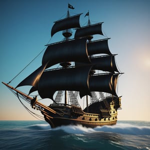 ((Pirate ship "Black Pearl")) from "Pirates of the Caribbean", standing near the shore, in the style of Claude Lorrain, trending on artstation, hyper realistic, extreme detail, cinematic, epic Lighting, award winning concept art, rendered in Octane, 32K, ,Extremely Realistic,Illustration