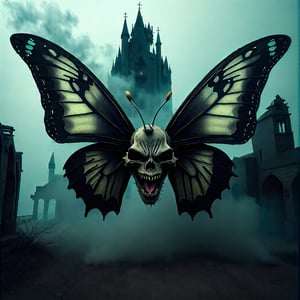 A photo of a scary butterfly monster with a death's head skull design and elongated fangs glistening. The monster has oversized shadowy wings. The background is a desolate post-apocalyptic landscape with eerie mist swirling and gothic architecture ruins. The overall image has a supernatural glow, hauntingly beautiful textures, and intricate patterns on the wings. The ominous ambiance envelops every corner.