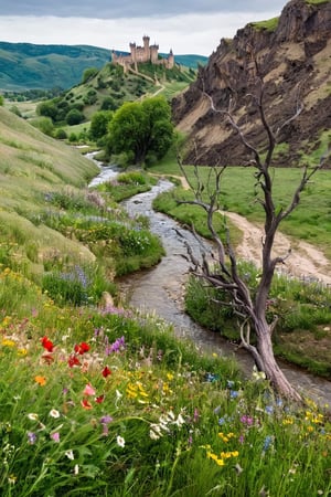 
On the left, an idyllic countryside with rolling hills, vibrant wildflowers, and a tranquil stream; on the right, a desolate wasteland, twisted trees, and a foreboding, shadowy castle perched atop a jagged cliff.
