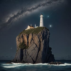 a stunning vintage illustration of a majestic lighthouse perched on a rocky island. The lighthouse emits golden light, casting a beam into the night sky against the backdrop of a calm ocean under a starry sky softly illuminated by moonlight. The lighthouse has antique and intricate design elements. The image is framed with a blue-green lapis lazuli frame with irregular shapes.