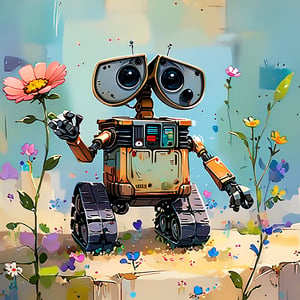 A whimsical still-life captures the tender moment: a WALL-E inspired robot, with expressive large eyes, holds out a small flower as a symbol of friendship and care. The metal body, slightly scratched and worn, adds a touching layer of vulnerability. In the background, soft muted colors evoke warmth and light, focusing attention on the robot's hopeful grasp of a sprouting green stem, representing a brighter future.