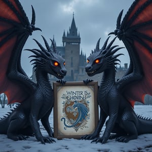 
"Winter is coming" poster, held by two fierce dragons with intricately scaled wings, claws gripping the edges, darkened medieval castle looms in the background with towering spires, stormy clouds swirl above, the atmosphere thick with impending doom, sharp contrasts of fiery dragon eyes against the cold stone battlements, rich, detailed textures reflect a harsh winter landscape.,art_solyanka