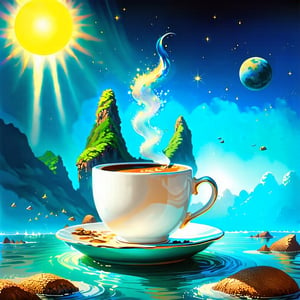 (digital painting, surrealism:1.2), magical world inside a coffee cup, sea and islands floating on the surface, small sun shining above the cup, dreamlike atmosphere, fantastical colors blending seamlessly, swirling lights dancing across the miniature landscape, surreal and enchanting mood, intricate details in every whimsical element, a sense of wonder and magic encapsulated in a single cup