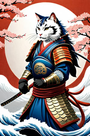 A majestic samurai cat, donning koi-armor and wielding a sword on a pristine white background. The whiskered warrior's piercing gaze is fixed intently upon the delicate fish, its scales glistening in the soft, serene light. Intricate armor plating adorns the feline form, evoking the refined artistry of Kanō Tan'yū and Utagawa Kuniyoshi. Delicately colored hues dance across the composition, as if infused with the gentle wisps of Japanese clouds.,ukiyo_e,japanese,Japanese style rooms, A Traditional Japanese Art