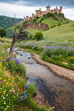 
On the left, an idyllic countryside with rolling hills, vibrant wildflowers, and a tranquil stream; on the right, a desolate wasteland, twisted trees, and a foreboding, shadowy castle perched atop a jagged cliff.
