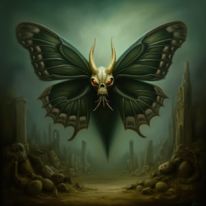 A photo of a scary butterfly monster with a death's head skull design and elongated fangs glistening. The monster has oversized shadowy wings. The background is a desolate post-apocalyptic landscape with eerie mist swirling and gothic architecture ruins. The overall image has a supernatural glow, hauntingly beautiful textures, and intricate patterns on the wings. The ominous ambiance envelops every corner.,art_solyanka,pavsok Style