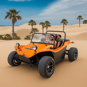  Sandy beach, palm trees, sand dunes, there was a buggy rally. Beautiful, top quality, professional shooting, masterpiece, aesthetically pleasing, in the style of Boris Vallejo