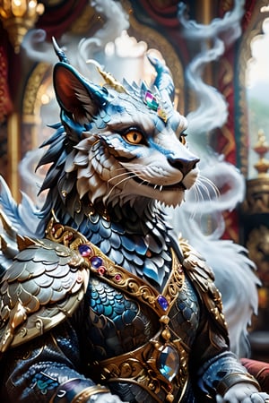 A surreal double exposure shot: A majestic dragon's head rises from a swirling mist, its scales glistening like polished gemstones. In the foreground, a regal cat monarch sits atop a throne, surrounded by ornate jewels and tapestries. The camera captures both subjects in crisp focus, with subtle depth cues guiding the viewer's eye. The 8K resolution renders every whisker, scale, and fiber with hyper-realistic precision, as if the scene is unfolding before us.