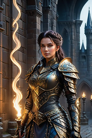 Within a dimly lit, misty courtyard of a foreboding Gothic castle, a young lady warrior emerges from the shadows. Her raven tresses flow like a waterfall down her back, as she dons futuristic armor adorned with metallic scales and supple leather straps. The warm glow of torches casts long shadows across the stone flags, while the dark silhouette of the castle looms behind. In this 3D render, Rococo-inspired curves and ornate details dance across the warrior's suit, blending medieval mystique with modern ingenuity.,portrait art style,portraitart