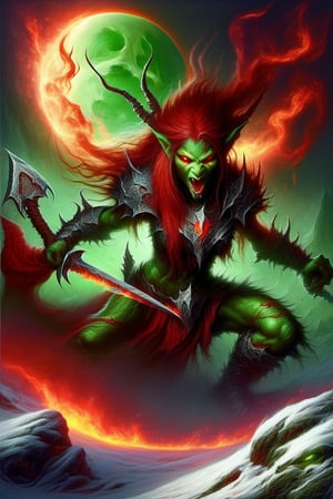 (Raw Photo:1.3) of (Ultra detailed:1.3) , (monster) World of Warcraft, goblin woman, fangs, green skin, red eyes, sword, torn clothes, fire, drool, goblin woman, cave, snow, red moon with red lightning background scene, realistic dark fantasy art,Highly Detailed,DonMW15pXL,DonMD34thKn1gh7XL