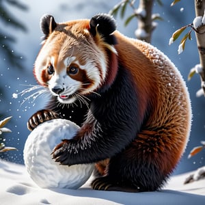 Red panda rolling a snowball, super detailed, Sumi-E style.