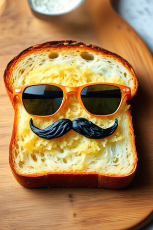 A piece of bread has a face made out of sauerkraut on it. There is a pair of orange sunglasses on top of the bread with a black mustache. The bread is sitting on a wooden cutting board.