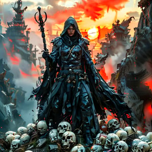 A dark fantasy masterpiece: A hooded monk-warrior, Death, stands atop a hill of human skulls and otherworldly creatures against an ominous mountain backdrop at sunset. The figure's leather-adorned robe, gray cloak, and black gloves contrast with the vibrant color palette, evoking Boris Vallejo's style. Framed by the setting sun, the character exudes power and mystery.,adamcnbldg style