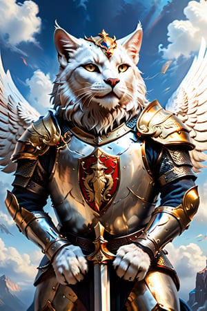 A striking digital artwork featuring a valiant silver cat, defying gravity while standing tall against a deep blue sky. The cat holds a gleaming sword and shield in its paws, reflecting its courage, determination, and combat skills. Atop the shield, a majestic golden helmet with feathers stands proudly, highlighting the cat\'s noble and knightly lineage. A golden crown rests above the helmet, emphasizing the cat-knight\'s power, dignity, and leadership qualities.\n\nSurrounding the shield, two powerful and regal silver lions stand guard on either side, showcasing their unwavering strength and support for their fearless comrade. This captivating and cinematic image is a breathtaking blend of vibrant colors, conceptual art, and dark fantasy elements, evoking a sense of wonder and awe. The overall composition is a stunning 3, dark fantasy, photo, painting, cinematic, 3d render, illustration, conceptual art, vibrant, poster, product