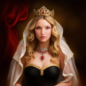 a fantasy princess surrounded by an atmosphere of luxury and magic. She wears an ornate crown adorned with blue and red gemstones that sparkle in the light. A white veil falls gently over her long, wavy blonde hair, adding mystery and sophistication to her look.

Around the princess's neck is a magnificent necklace with red stones set in gold, which emphasizes her royal status. Her outfit features a black corset with gold trim along the top edge that elegantly accentuates her figure.

A piece of red curtain or fabric can be seen in the background, creating the feeling of a rich interior, perhaps a throne room or royal chambers. The whole image of the princess radiates grandeur and grace, as if she had stepped out of the pages of a fairy tale. Photorealism, professional shot, ISO-250