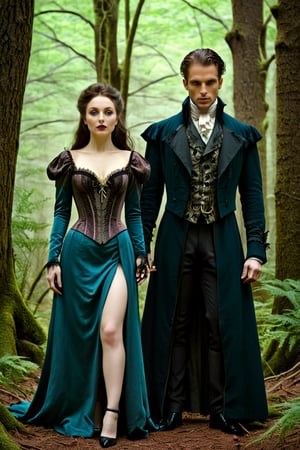 In the style of dark fantasy art, an elegant couple stands amidst a mysterious forest. Victorian style clothing, The mistress exudes an aura of cunning, embodying the essence of the seven sins, while her male servant gazes onward with unwavering loyalty. Rendered with intricate detail, the scene captures a conniving ambiance, inspired by the art of Eric Parker.