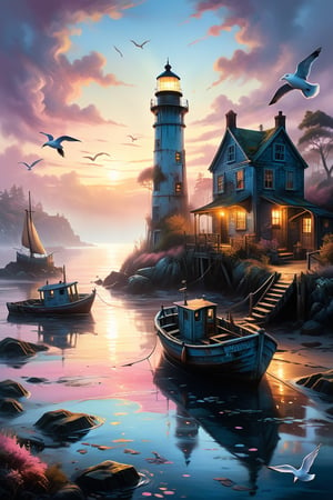 A captivating, high-quality oil painting that masterfully captures the essence of a mystical coastal village at dawn. The scene is a perfect blend of dark fantasy, wildlife photography, graffiti, and conceptual art. The luminous boat, filled with early risers, sails through the glistening, mist-covered harbor, casting a golden glow on the tranquil waters. The seagulls with glowing eyes soar above, their reflections dancing in the rippling sea. The charming, weathered buildings with intricate details line the shore, and the old lighthouse stands proudly in the foreground. The sky is a serene mix of soft pinks and deep blues, hinting at the first light of day. This artwork tells a story of mystique, wonder, and tranquility, transporting the viewer into a magical world., graffiti, wildlife photography, more detail XL