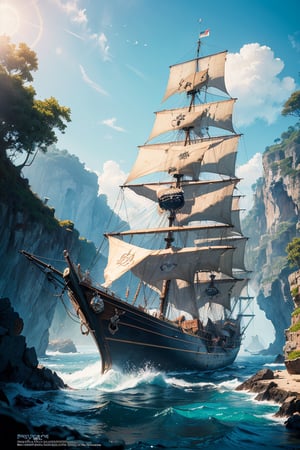(Masterpiece, high quality, best quality, official art, beauty and aesthetics: 1.2), ((Pirate ship "Black Pearl")) from "Pirates of the Caribbean", standing near the shore, in the style of Claude Lorrain,
 blue theme, surrealist dream style, cream organic fluid, light tracing, foreground occlusion, natural light, jungle, c4d, OC rendering, product photography