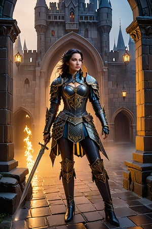 Within a dimly lit, misty courtyard of a foreboding Gothic castle, a young lady warrior emerges from the shadows. Her raven tresses flow like a waterfall down her back, as she dons futuristic armor adorned with metallic scales and supple leather straps. The warm glow of torches casts long shadows across the stone flags, while the dark silhouette of the castle looms behind. In this 3D render, Rococo-inspired curves and ornate details dance across the warrior's suit, blending medieval mystique with modern ingenuity.,portrait art style,portraitart