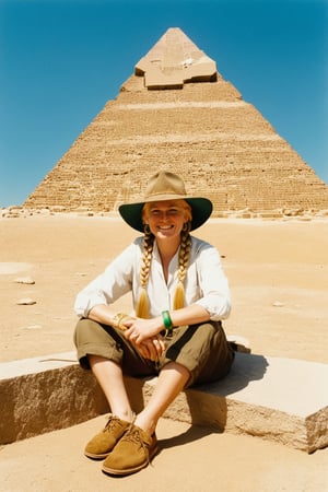 artist Indiana Johns, 1woman, solo, archaeologist, yellow hair, long braids, open forehead, panama hat, khaki suit, green eyes, star-shaped pupils, armband, archaeologist's tools, sun, scorching sun, sweet smile, heavy shoes, against the backdrop of the Cheops pyramid, rarity, antiques, archeology, antiquity, archaeological excavation, divine, radiance, official indiana johns art, stile Indiana Johns
