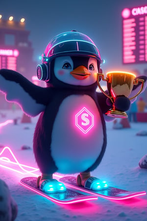 A cinematic-style medium shot of a futuristic, stylized penguin called "Win Penguin". The penguin is wearing a helmet adorned with neon lights and is riding on a pair of neon snowboards. There is a glowing trail behind the penguin. The penguin has a glowing "S" symbol on its chest. The background contains a tournament leaderboard. The penguin holds the neuro-winner's cup with his wings. The overall artwork combines elements of illustration, cinematic design, and photography, creating a bold and vibrant portrait.