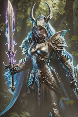 a woman dressed in armor holding a sword, sylvanas windrunner, 2. 5 d cgi anime fantasy artwork, character design : : gothic, 3 d render of a full female body, pale pointed ears, male rogue, the empress’ hanging, unclad, leblanc, promotional images, 32K, fantasy art,DonMD34thKn1gh7XL