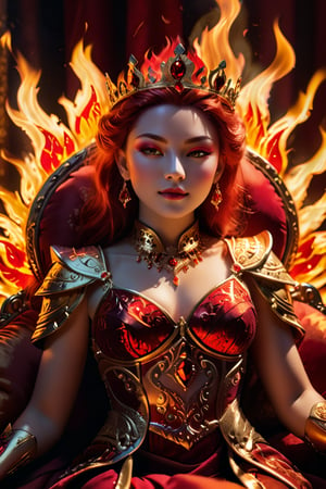 A mesmerizing fire Empress sits majestically amidst a backdrop of fiery hues, her crystalline crown gleaming in the warm light. She reclines upon plush, crimson pillows, exuding confidence as a captivating subject for a high-fashion photo shoot. Soft, golden illumination dances across her features, highlighting the embers burning within.