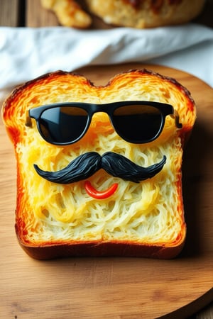 A piece of bread has a face made out of sauerkraut on it. There is a pair of orange sunglasses on top of the bread with a black mustache. The bread is sitting on a wooden cutting board.