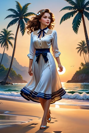 A dawn's soft glow illuminates the seashore as a stunning brown-haired girl, adorned with a ribbon in her hair, strides along the shoreline. Her vintage-inspired marine attire, featuring a blue collar and white dress with blue stripes, complements the emerald palm trees swaying gently in the morning breeze. The azure sea laps against the golden sand, creating a serene atmosphere. As the sun rises, a beautiful neon glow begins to tint the scene, adding a touch of magic and fantasy. Delicate filigree drawing details the intricate openwork design on her clothing, while the complex composition weaves together the beauty and aesthetics of this high-quality sci-fi illustration, reminiscent of Tatyana Ustyantseva's style.