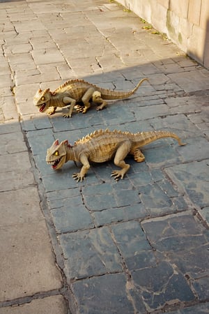 Golden hour sunlight casts a warm glow on worn, cracked pavement as two grotesque creatures take a leisurely stroll, their scaly skin glistening in the soft light. The faded, yellowed tone of Pixart studio's vintage film stock adds an air of nostalgia to this photorealistic depiction of monstrosities enjoying a casual day out.