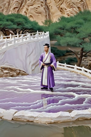 Gilding, a man in hanfu is standing near a white manmade structure perspective, oriental zen, in the style of fluid landscapes, Song Dynasty fine brushwork landscape painting, rendered in Cinema4D, organic flowing forms, northern China’s terrain, light purple and white, Mediterranean landscapes, ultra-wide angle, wavy resin sheets


