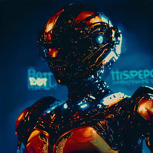 A stylized robotic figure with a dual-colored helmet, predominantly black and gold. The helmet has a sleek design with sharp edges and glowing blue eyes. The robot's chest and shoulder area are also colored in red, with intricate mechanical details visible. The background is dark, emphasizing the robot's vibrant colors. The word 'BOT INSPECTOR' is prominently displayed below the robot, suggesting its name or the title of a game or project.