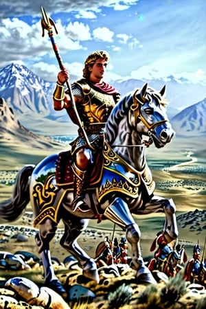 The painting depicts Alexander the Great on horseback. He is dressed in armor and a helmet, and holds a spear in his right hand. Alexander's horse is also in armor. Mountains and sky are visible in the background.