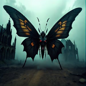 A photo of a scary butterfly monster with a death's head skull design and elongated fangs glistening. The monster has oversized shadowy wings. The background is a desolate post-apocalyptic landscape with eerie mist swirling and gothic architecture ruins. The overall image has a supernatural glow, hauntingly beautiful textures, and intricate patterns on the wings. The ominous ambiance envelops every corner.