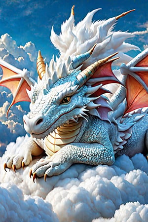 white dragon resting on a fluffy cloud like cotton,dragon_anything