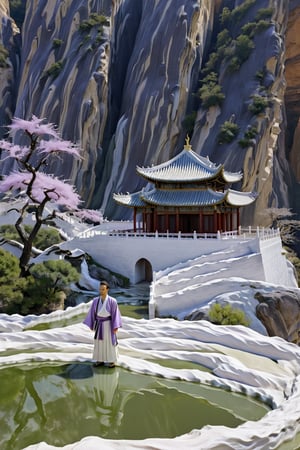 Gilding, a man in hanfu is standing near a white manmade structure perspective, oriental zen, in the style of fluid landscapes, Song Dynasty fine brushwork landscape painting, rendered in Cinema4D, organic flowing forms, northern China’s terrain, light purple and white, Mediterranean landscapes, ultra-wide angle, wavy resin sheets


