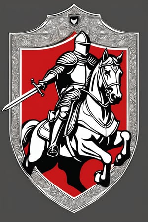 A striking illustration of a heraldic shield featuring a knight on horseback, rendered in a linear style with black outlines on a red background. The knight wears medieval armor and a closed helmet, with delicate twists mimicking a cloak and elements of his attire. The armored horse is in a dynamic pose, lifting its front legs, adding movement to the image. A ribbon beneath the shield reads "Korsow." This captivating piece showcases elements of dark fantasy, cinematography,